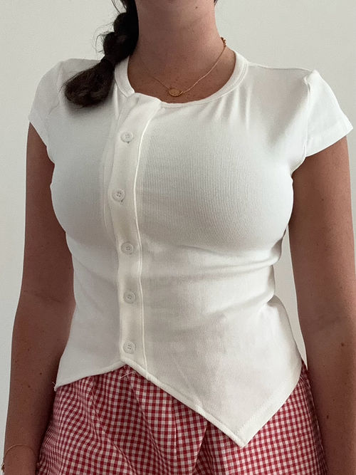 By Frankie - White Ribbed Button Top