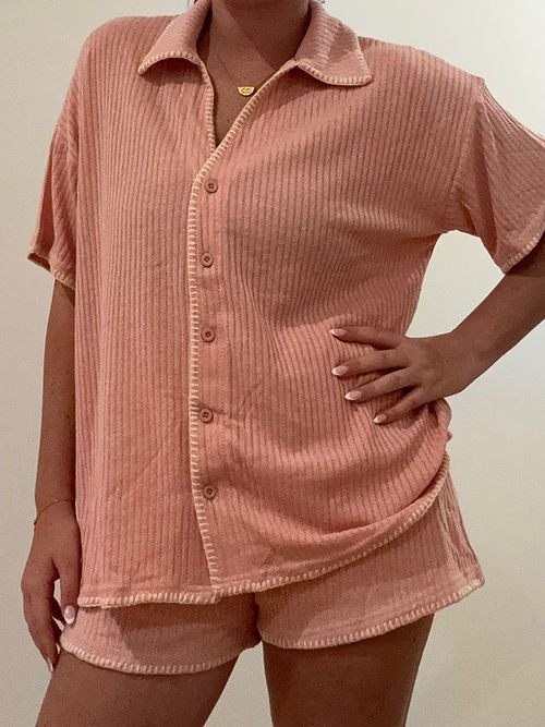 By Frankie - Pink/Beige Embroidered Trim Short Set