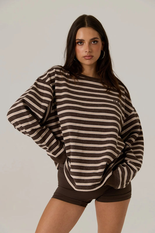 RAEF - Frankie Crew Neck Fleece - Dark Truffle / Stripe