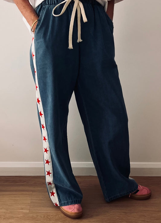 By Frankie - Blue Denim Red Star Pants
