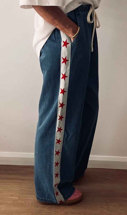By Frankie - Blue Denim Red Star Pants