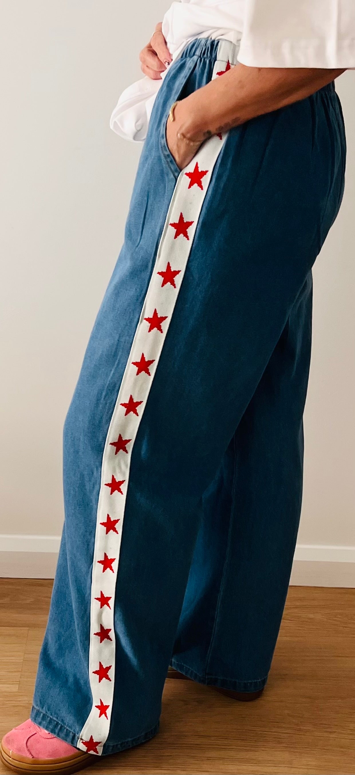 By Frankie - Blue Denim Red Star Pants