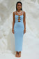 Runaway the Label – blue Normani midi dress with sweetheart neckline and wooden bead detail, luxe knit from Jessie B