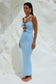Runaway the Label – blue Normani midi dress with sweetheart neckline and wooden bead detail, luxe knit from Jessie B