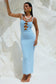 Runaway the Label – blue Normani midi dress with sweetheart neckline and wooden bead detail, luxe knit from Jessie B