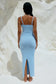 Runaway the Label – blue Normani midi dress with sweetheart neckline and wooden bead detail, luxe knit from Jessie B