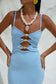 Runaway the Label – blue Normani midi dress with sweetheart neckline and wooden bead detail, luxe knit from Jessie B