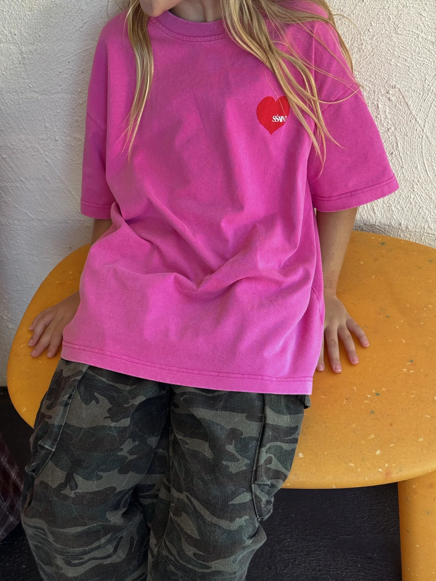 SSAINT - Kids Heart Tee - Acid Wash Pink