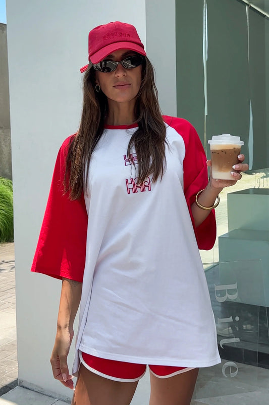 Yee Haa Raglan Tee Shirt - White/Red